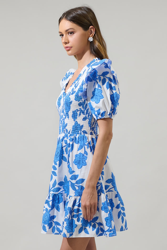 Glantis Floral Leones Smocked Mini Dress