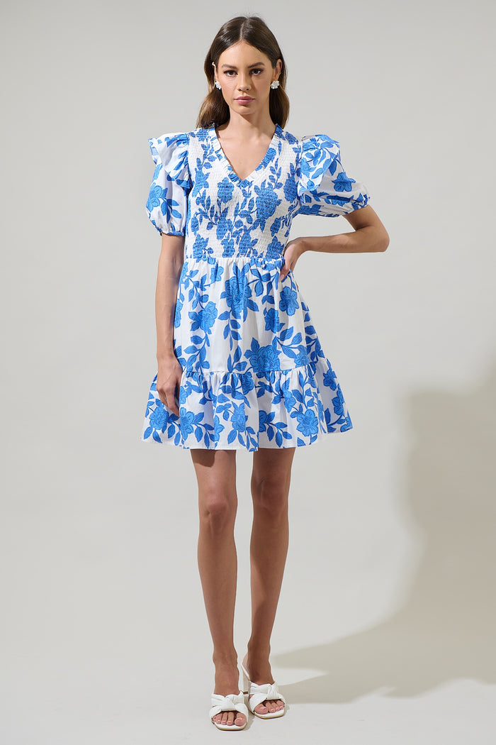 Glantis Floral Leones Smocked Mini Dress