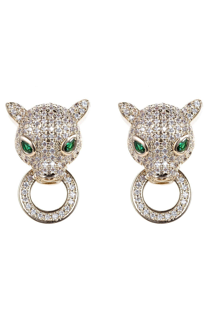 Gold tone wild cat-inspired drop earrings with pavé crystal detail and emerald green eyes.