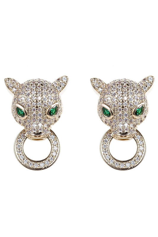 Gold tone wild cat-inspired drop earrings with pavé crystal detail and emerald green eyes.