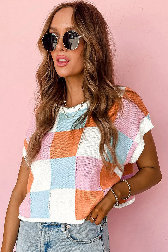 Grapefruit Orange Colour Block Cap Sleeve Sweater - Sweaters & Cardigans/Short