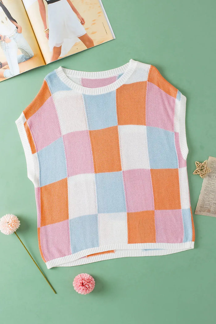 Grapefruit Orange Colour Block Cap Sleeve Sweater - Sweaters & Cardigans/Short