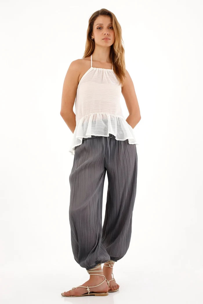 Gray Pleated Texture Jogger Pants for Women