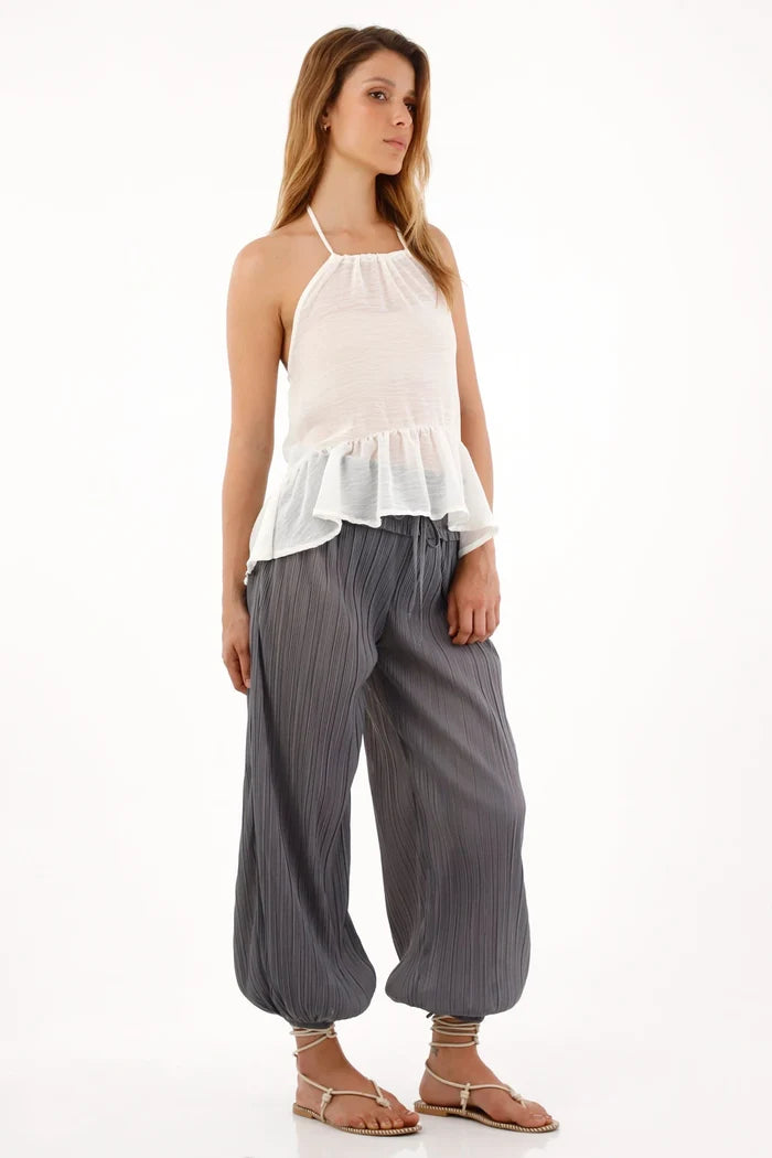 Gray Pleated Texture Jogger Pants for Women