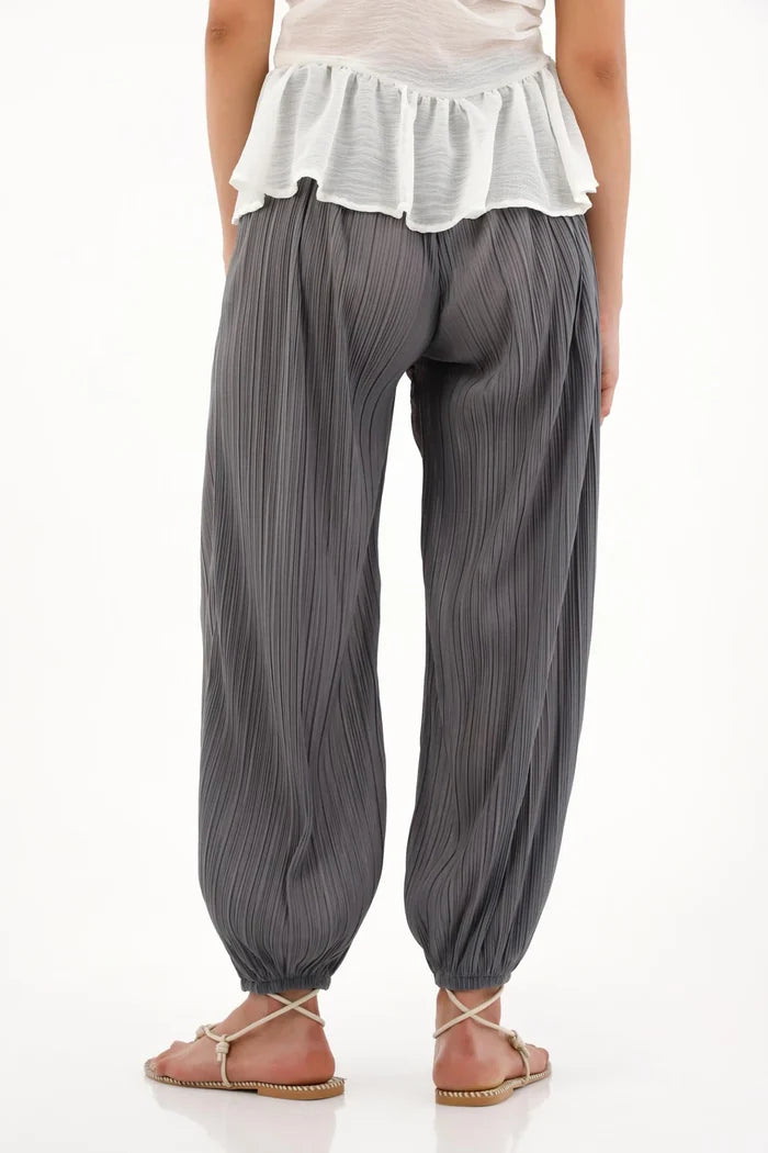 Gray Pleated Texture Jogger Pants for Women