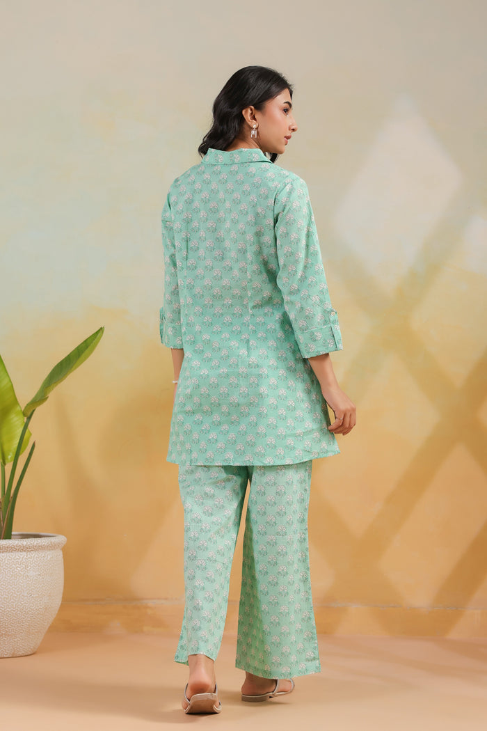 Green Floral Blossom Printed Regular Fit Cotton Co-ord Set