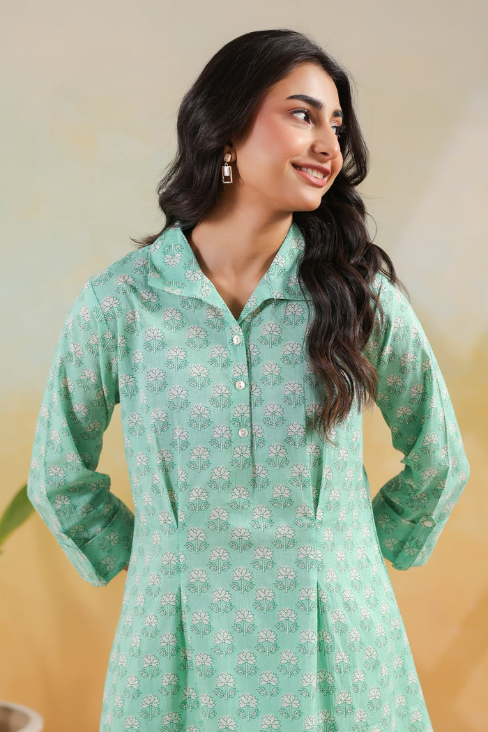 Green Floral Blossom Printed Regular Fit Cotton Co-ord Set