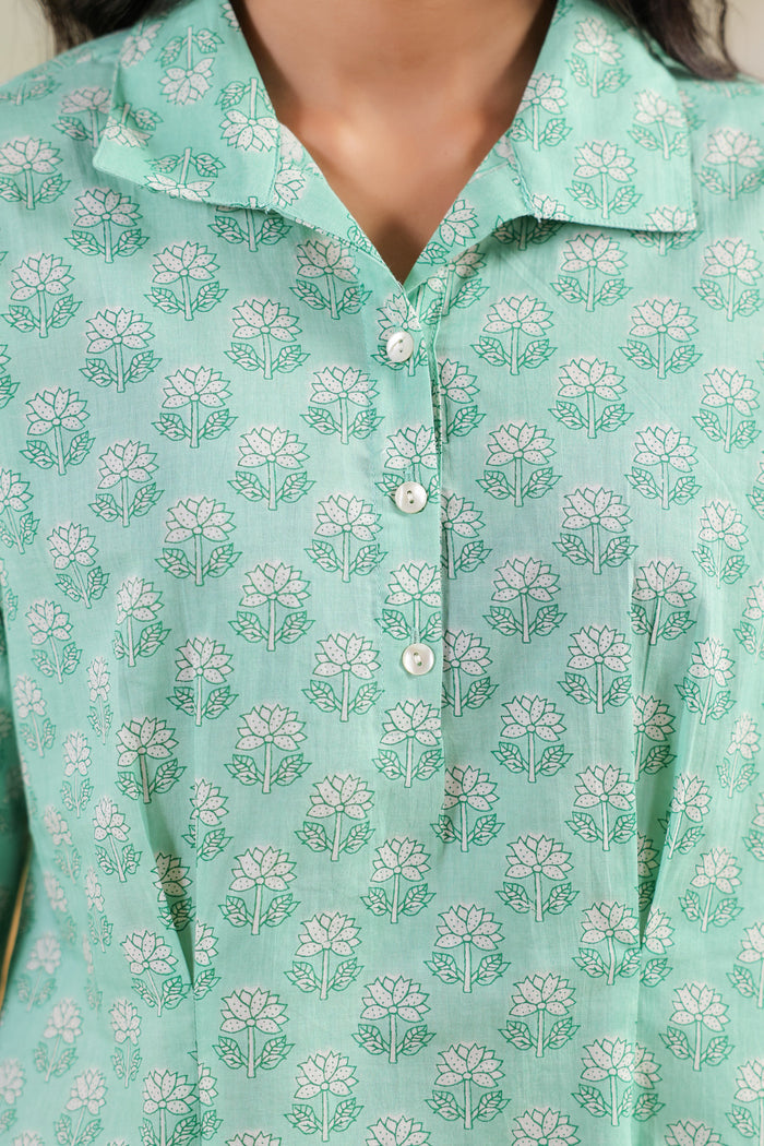 Green Floral Blossom Printed Regular Fit Cotton Co-ord Set