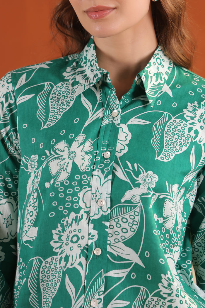 Green Floral Button-Down Printed Two Piece Cotton Co-ord Set