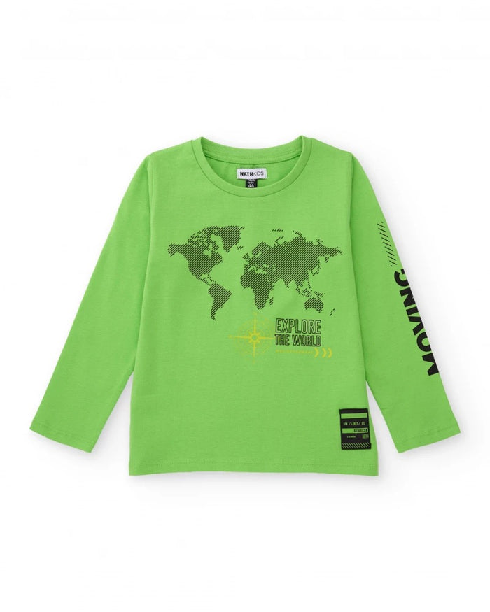 Green long-sleeve t-shirt for boys with world map graphic