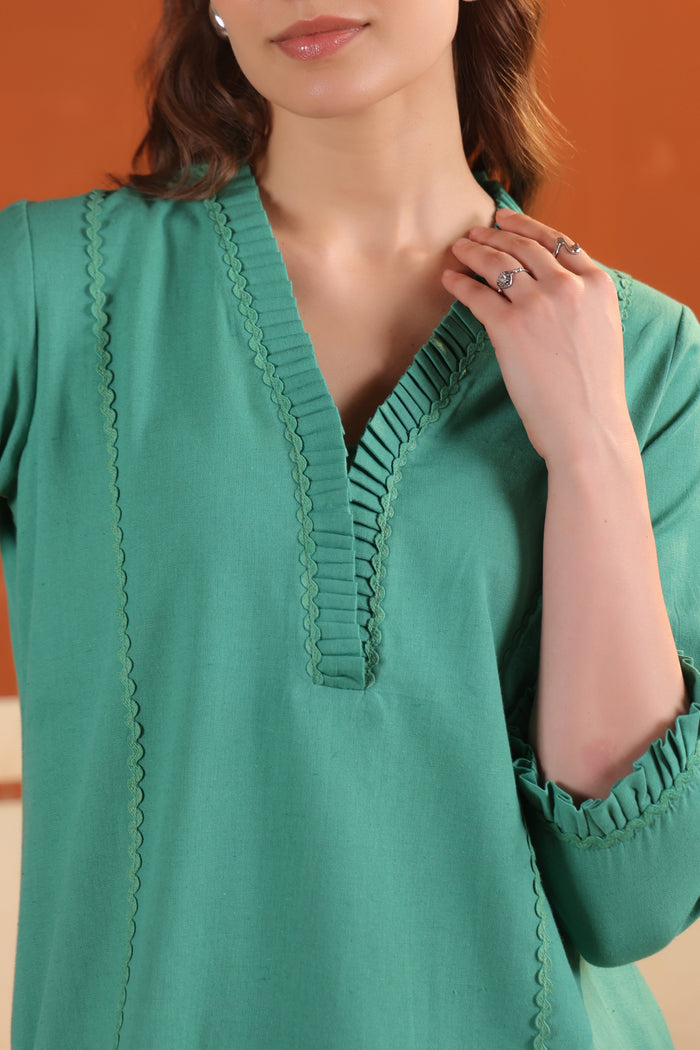 Green Solid Cotton Flex Elegant Minimal Style Top & Pant Co-ord Set