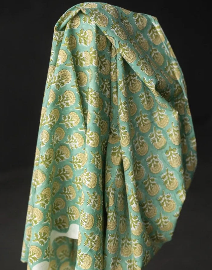 Green Yarrow Flower Indian Block Print Cotton Fabric