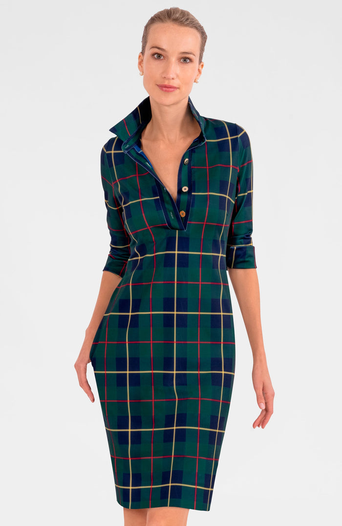 Front view of the Gretchen Scott Everywhere Dress. A knee length shirt dress with a button up collar and 3/4 sleeves