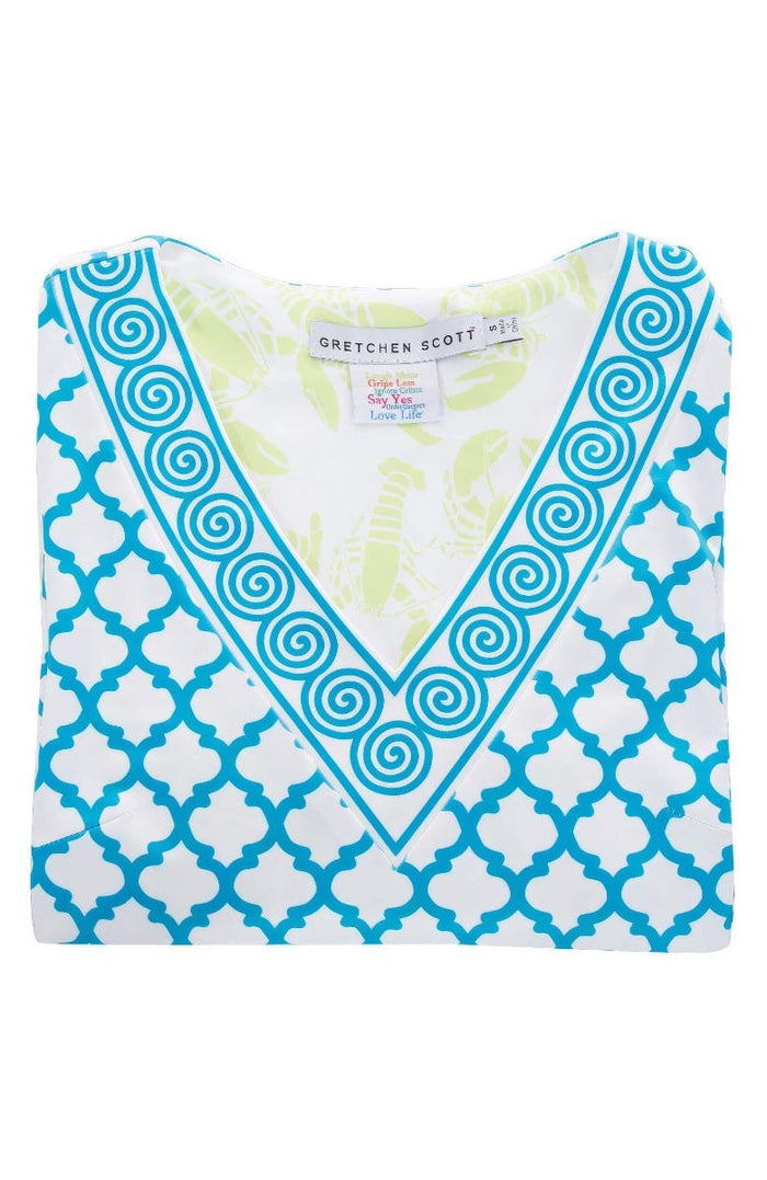 Folded down Gretchen Scott dress with turquoise and white geometric lobster print
