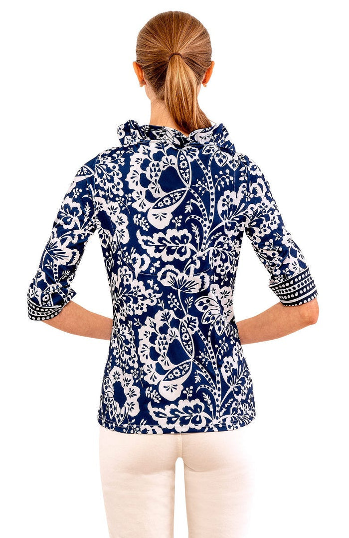 Gretchen Scott Ruff Neck 3/4 Sleeve Jersey Top - Navy Flora