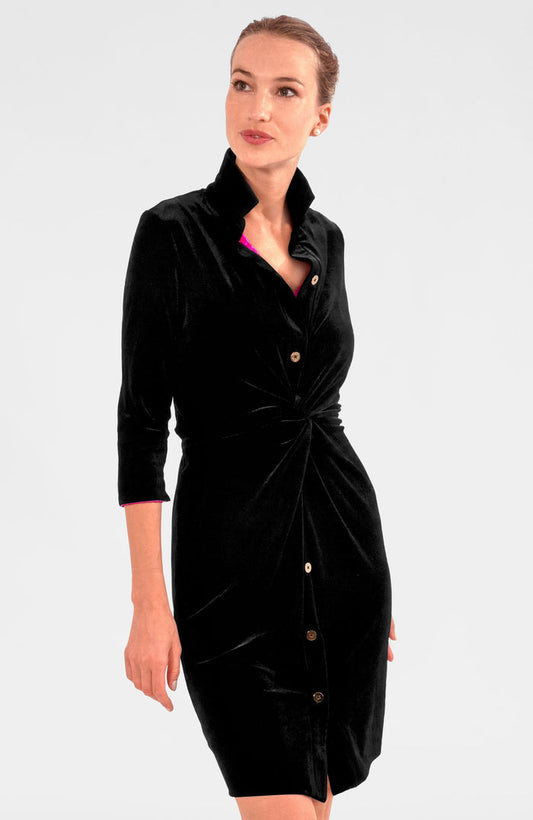 Model in the Gretchen Scott Twist & Shout Dress - Silky Velvet - Black