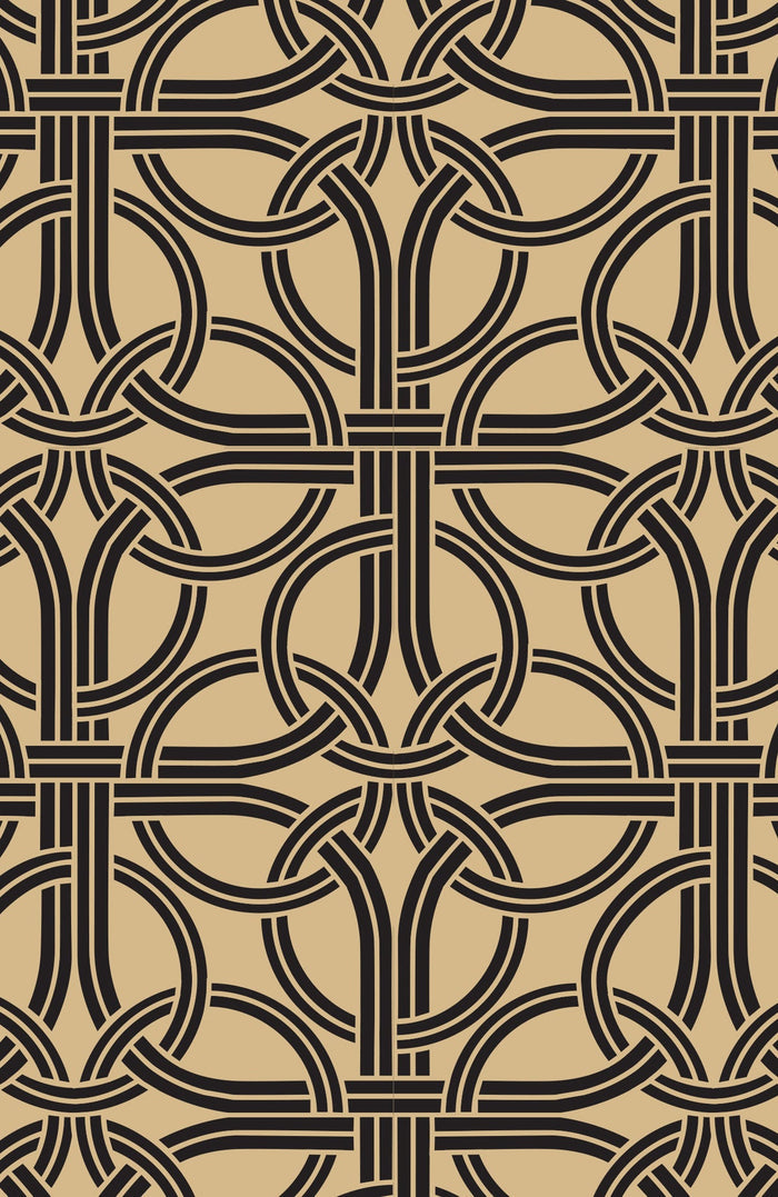 Patterned fabric with interlocking geometric shapes on a beige background
