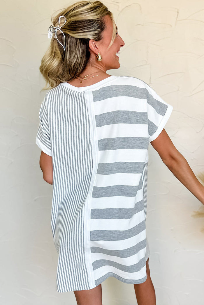 Grey Stripe Mixed Printed Short Sleeve Shift Mini T Shirt Dress - Dresses/T Dresses