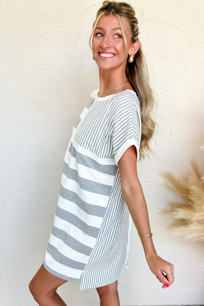 Grey Stripe Mixed Printed Short Sleeve Shift Mini T Shirt Dress - Dresses/T Dresses