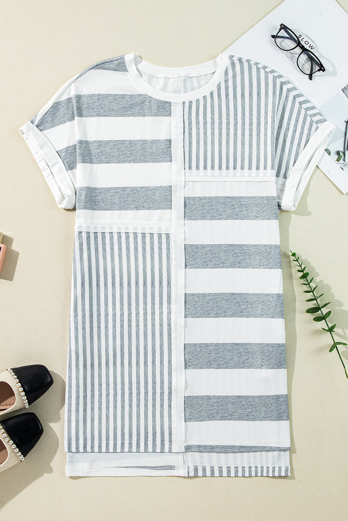 Grey Stripe Mixed Printed Short Sleeve Shift Mini T Shirt Dress - Dresses/T Dresses