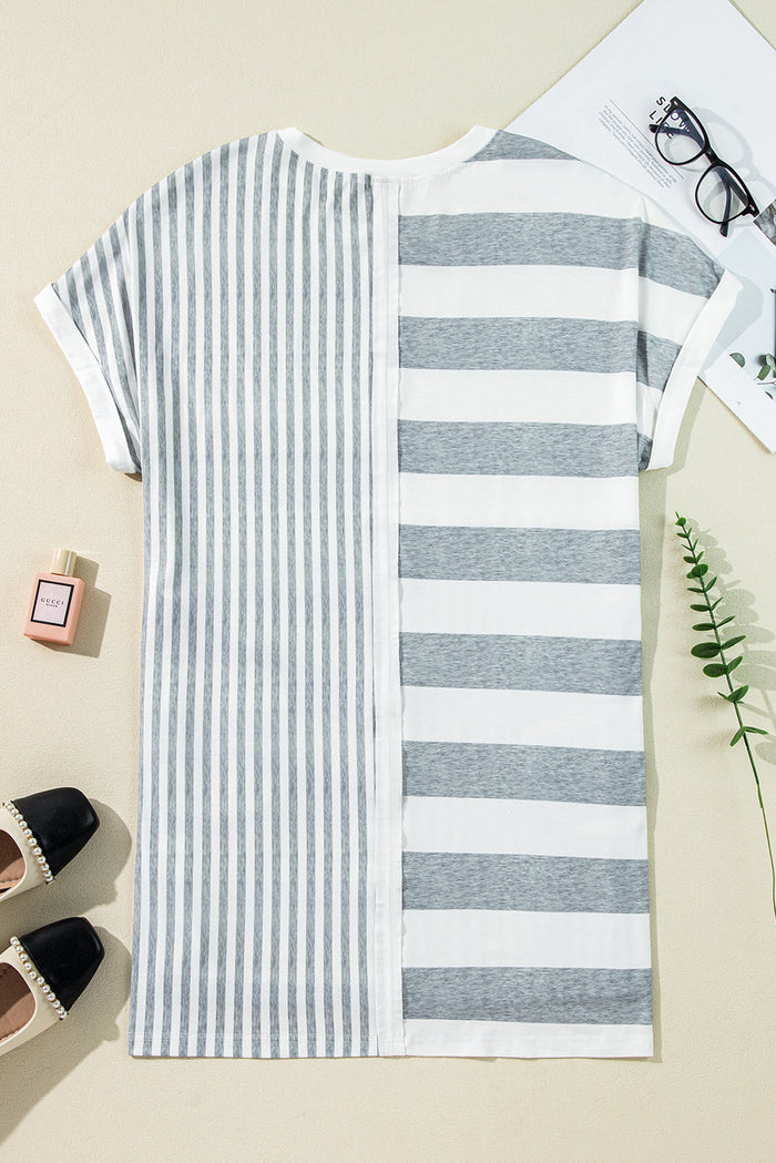 Grey Stripe Mixed Printed Short Sleeve Shift Mini T Shirt Dress - Dresses/T Dresses