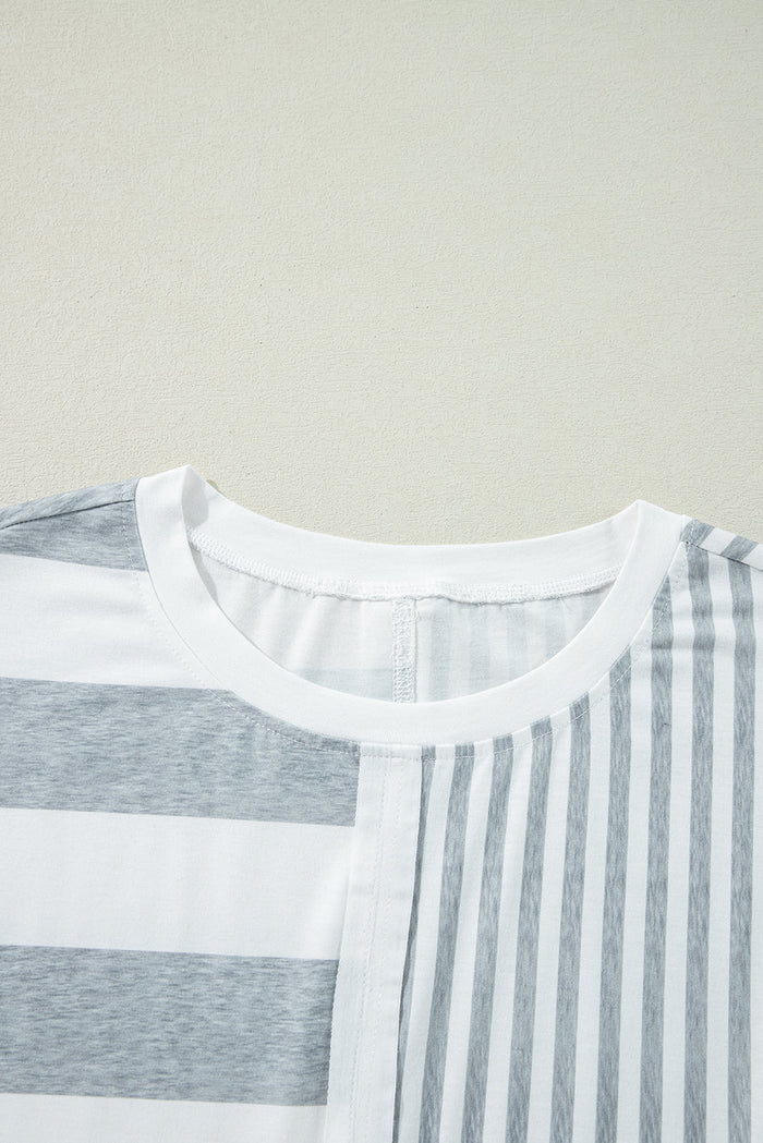 Grey Stripe Mixed Printed Short Sleeve Shift Mini T Shirt Dress - Dresses/T Dresses