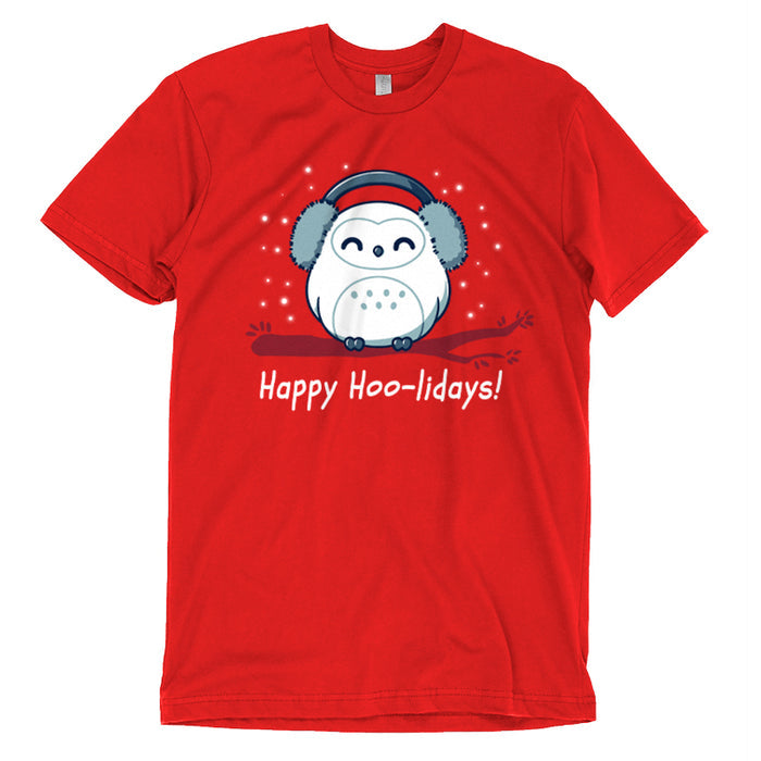Premium Cotton T-shirt_TeeTurtle Happy Hoo-lidays red apparel featuring a cheerful snowy owl wearing earmuffs and sitting on a branch surrounded by falling snow.
