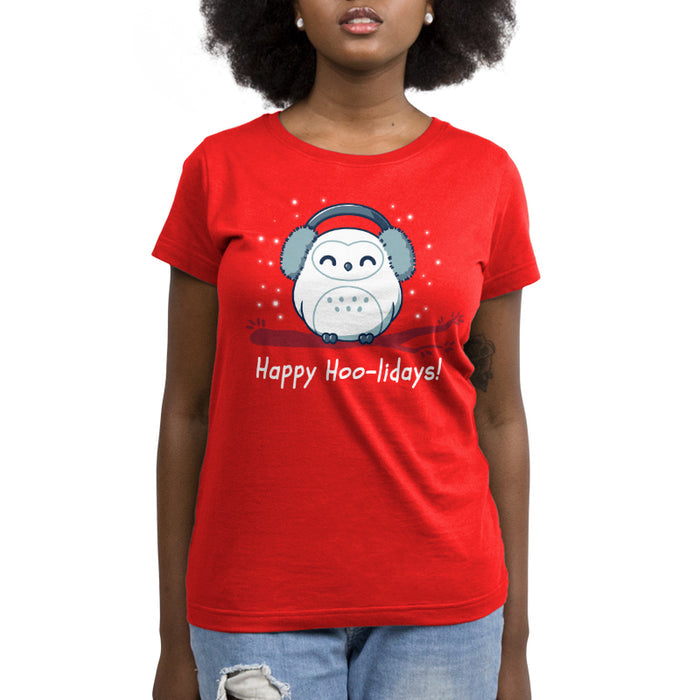 Premium Cotton T-shirt_TeeTurtle Happy Hoo-lidays red apparel featuring a cheerful snowy owl wearing earmuffs and sitting on a branch surrounded by falling snow.