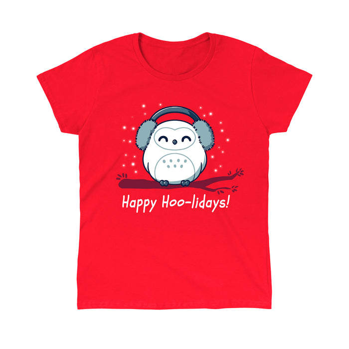 Classic Cotton T-shirt_TeeTurtle Happy Hoo-lidays red apparel featuring a cheerful snowy owl wearing earmuffs and sitting on a branch surrounded by falling snow.