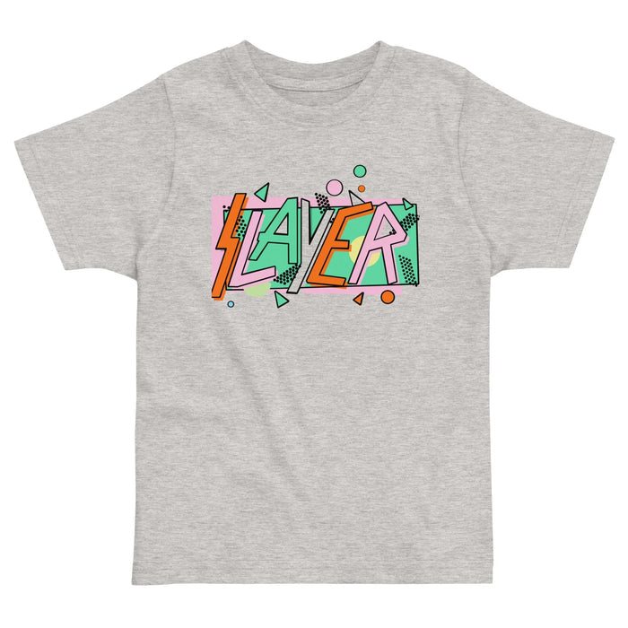 Hardcore 80s Kid's Tee - The jagged thrash metal lettering reimagined through the buoyant geometry of tangerine orange (#FF9F55) and mint green (#80D6AC) triangles, accented by bubblegum pink (#F49AC2) fills and soft pastel pink backdrops.