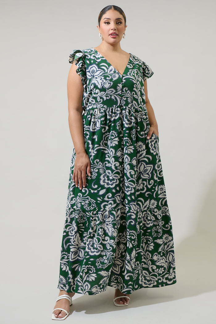 Harriet Floral Evianna Button Down Flutter Maxi Dress Curve