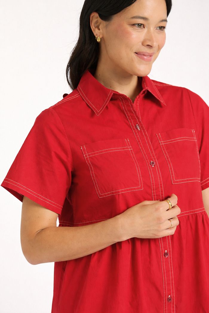 Hazel Poplin Midi Dress In Scarlet
