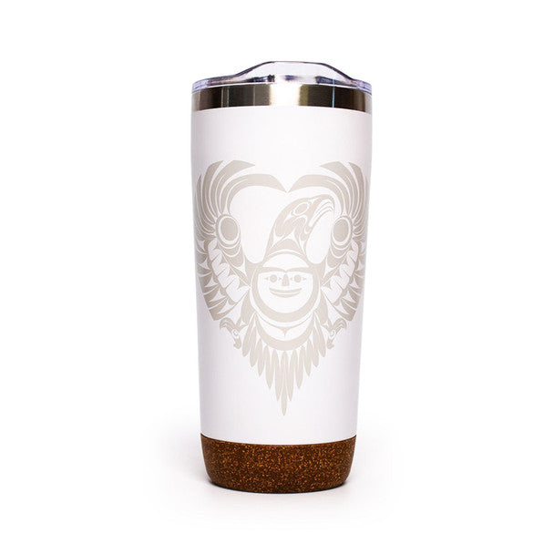 White tumbler with a decorative design and cork base on a white background