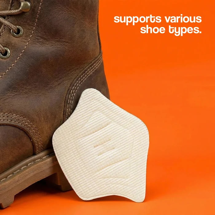 White shoe insert next to a brown boot on an orange background with text 'supports various shoe types'.