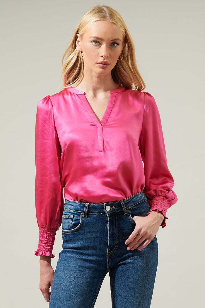 Henley Satin Long Sleeve Blouse