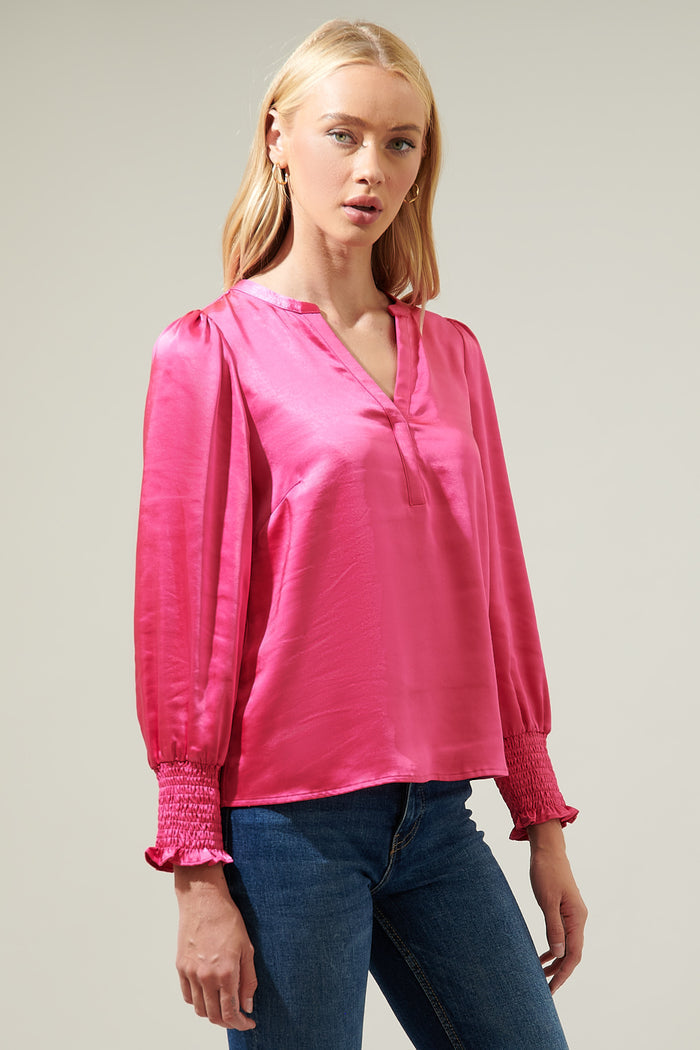 Henley Satin Long Sleeve Blouse