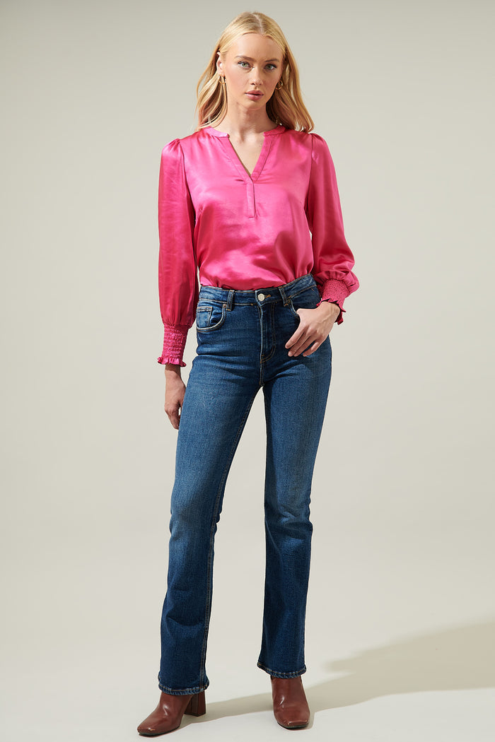 Henley Satin Long Sleeve Blouse