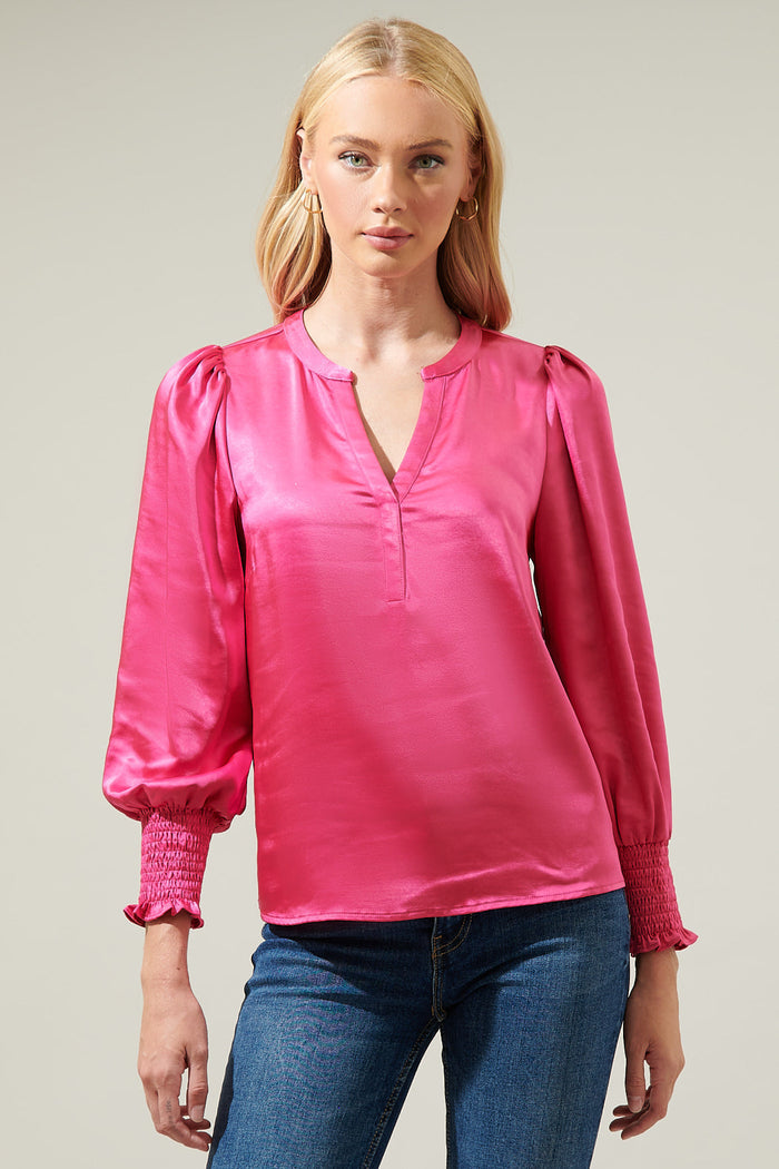 Henley Satin Long Sleeve Blouse
