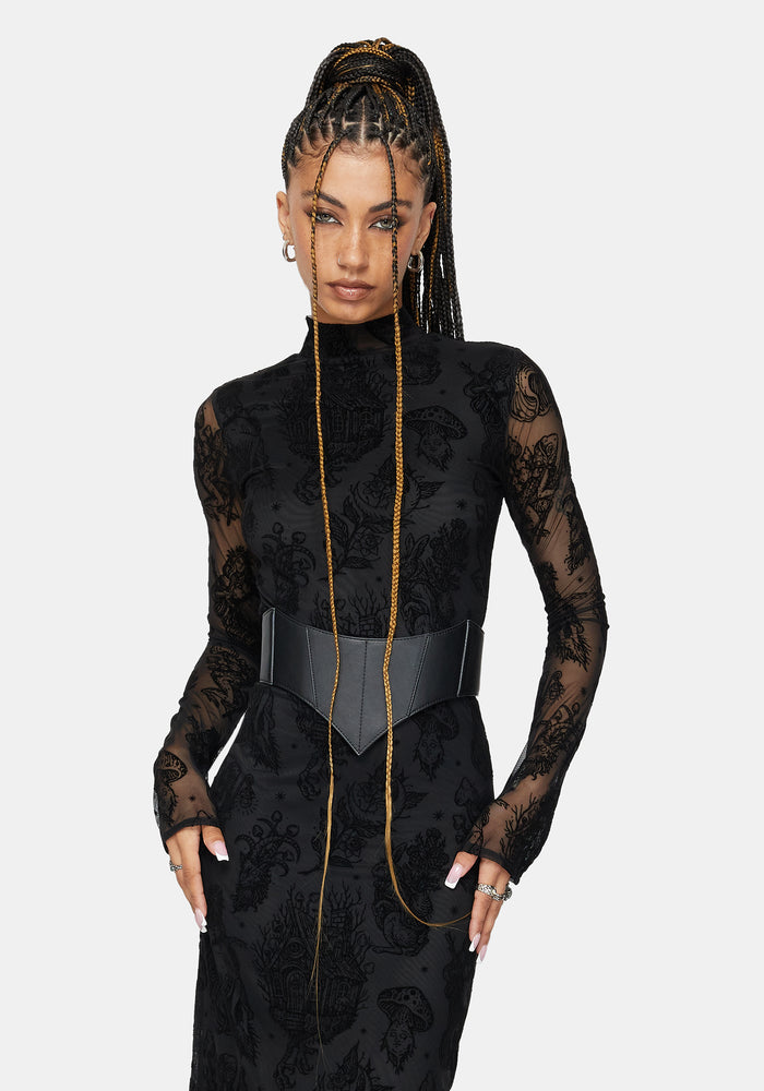 Hexborn Baba Yaga High Neck Flocked Long Sleeve Mesh Maxi Dress