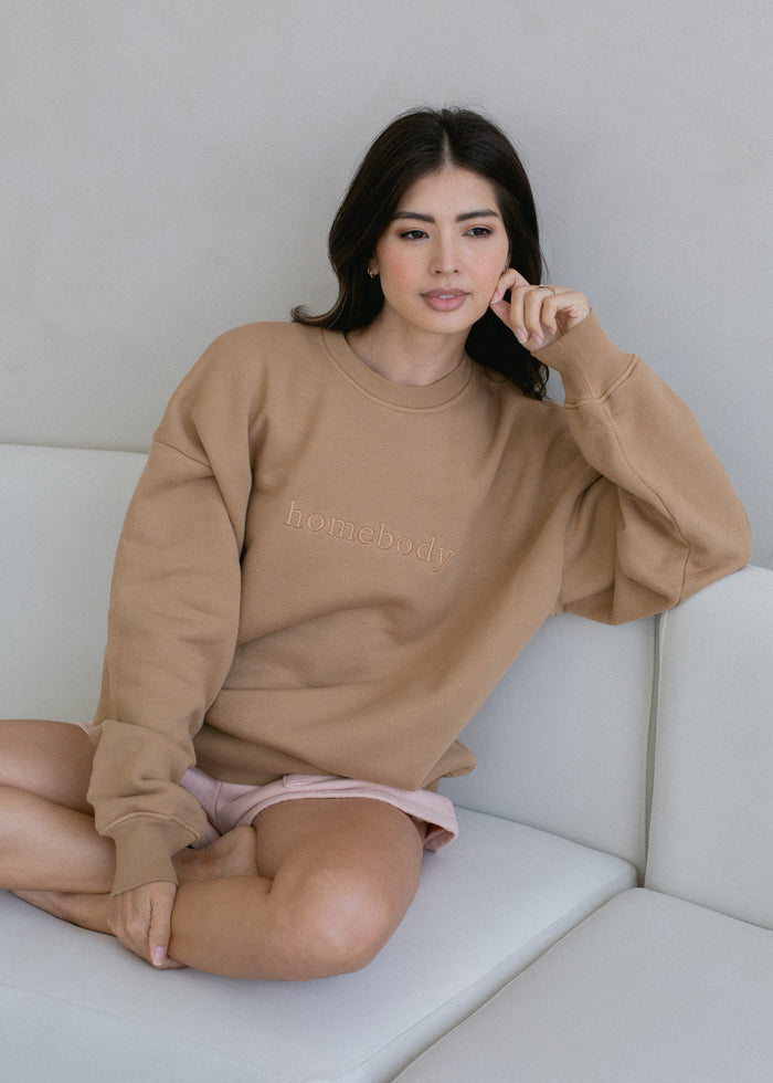 Front view of Homebody Crewneck on model