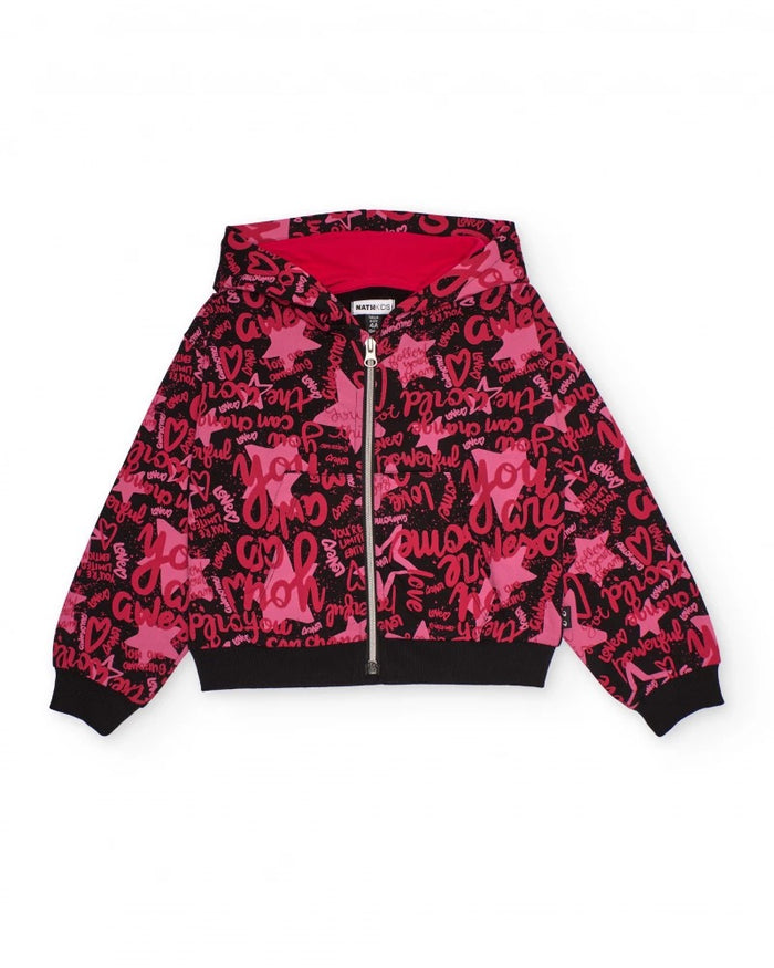 Hooded sweatshirt for girls in fuchsia tones with typographic print