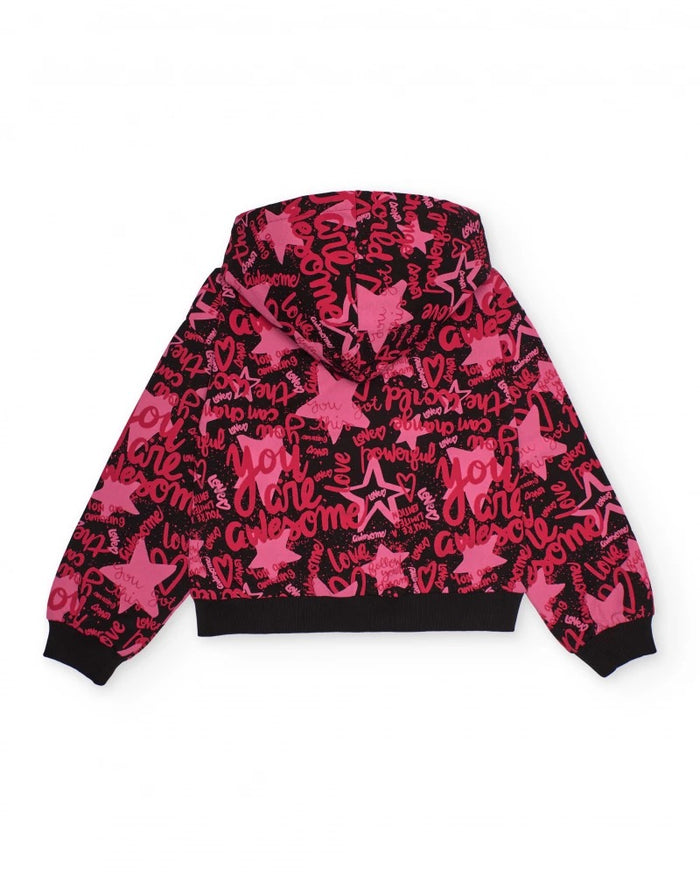 Hooded sweatshirt for girls in fuchsia tones with typographic print