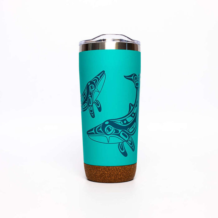 Humpback Whale Cork Base Travel Mug with teal design and cork base, perfect for hot and cold beverages.