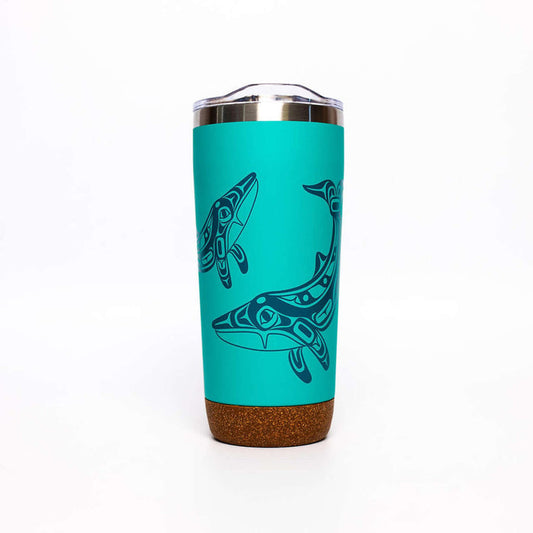 Humpback Whale Cork Base Travel Mug with teal design and cork base, perfect for hot and cold beverages.