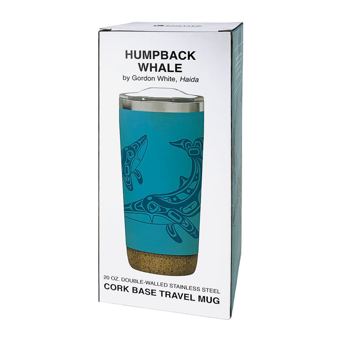 Cork base travel mug in the box on a white background
