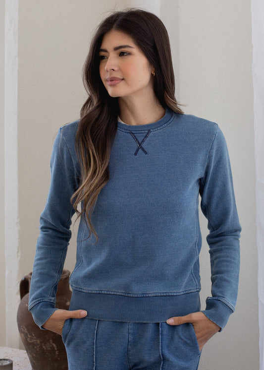 Front view of Indigo Terry Crewneck on model