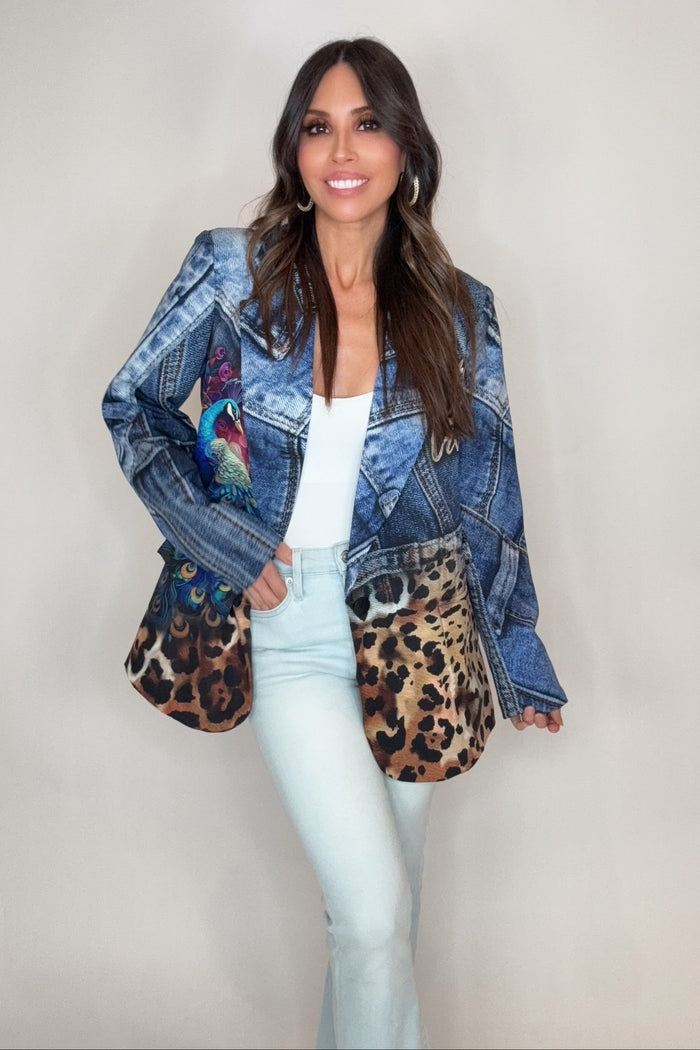 Italian Peacock Leopard Print Blazer jacket with a denim-look upper print, colorful peacock illustration, and leopard print lower half.