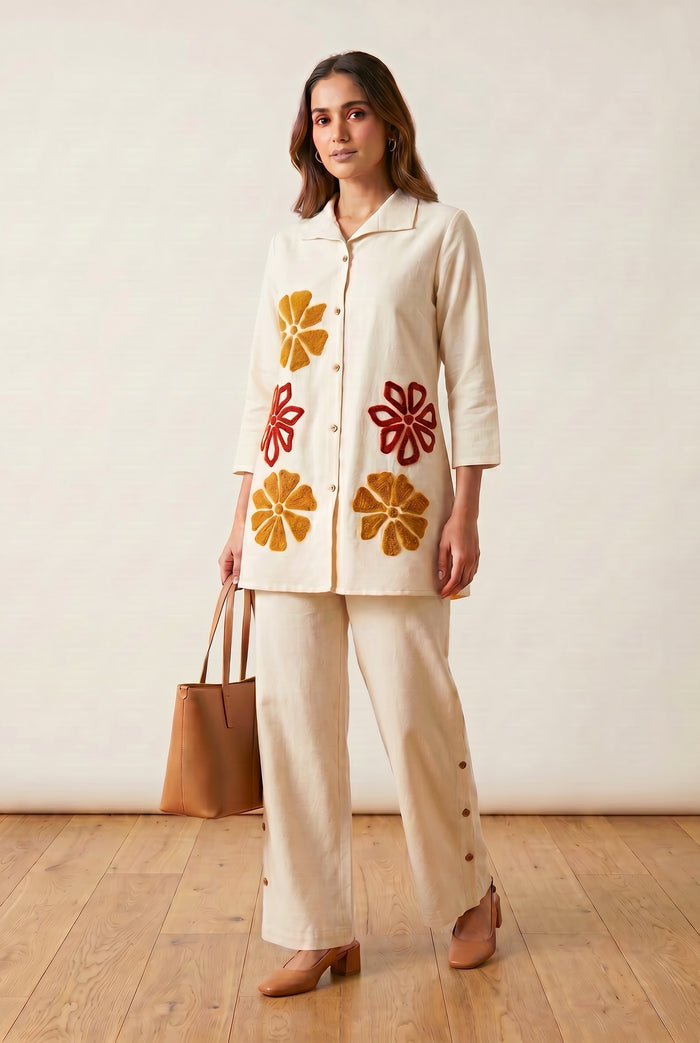 Ivory Floral Shirt & Palazzo Embroidered Cotton Flex Co-ord Set