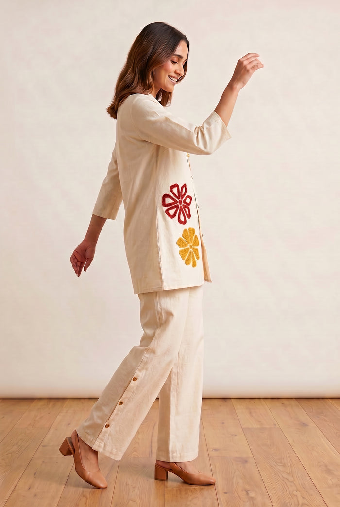 Ivory Floral Shirt & Palazzo Embroidered Cotton Flex Co-ord Set