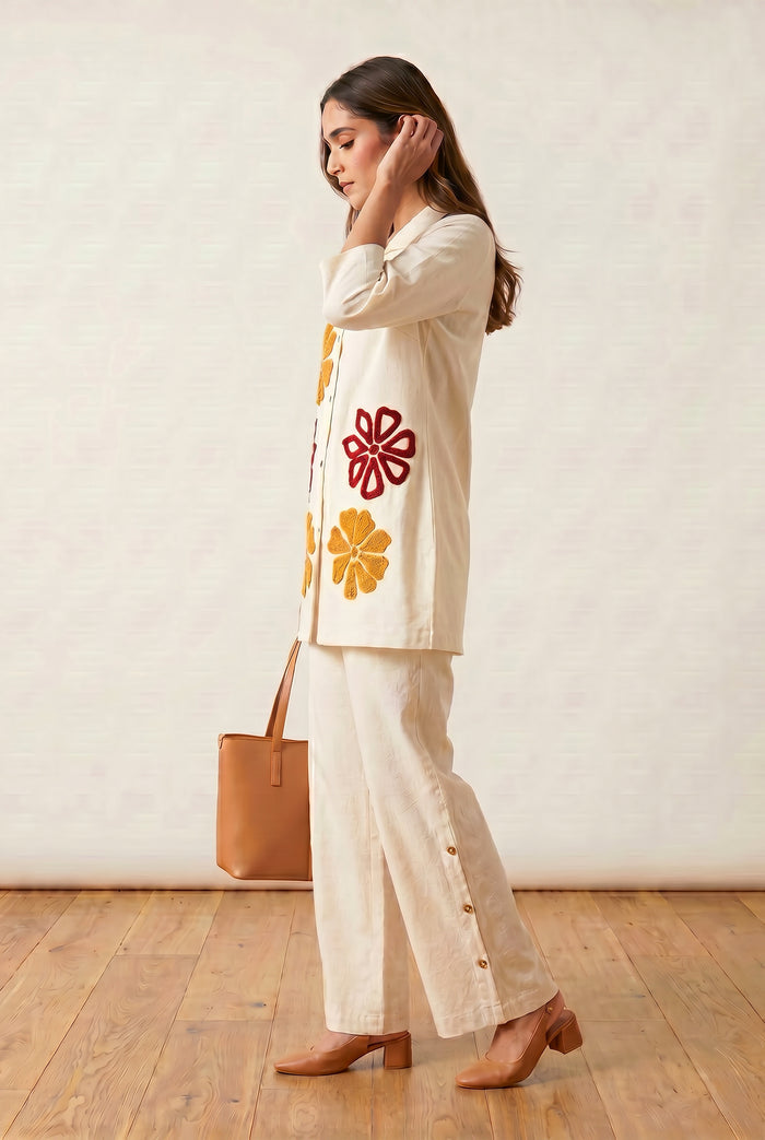 Ivory Floral Shirt & Palazzo Embroidered Cotton Flex Co-ord Set